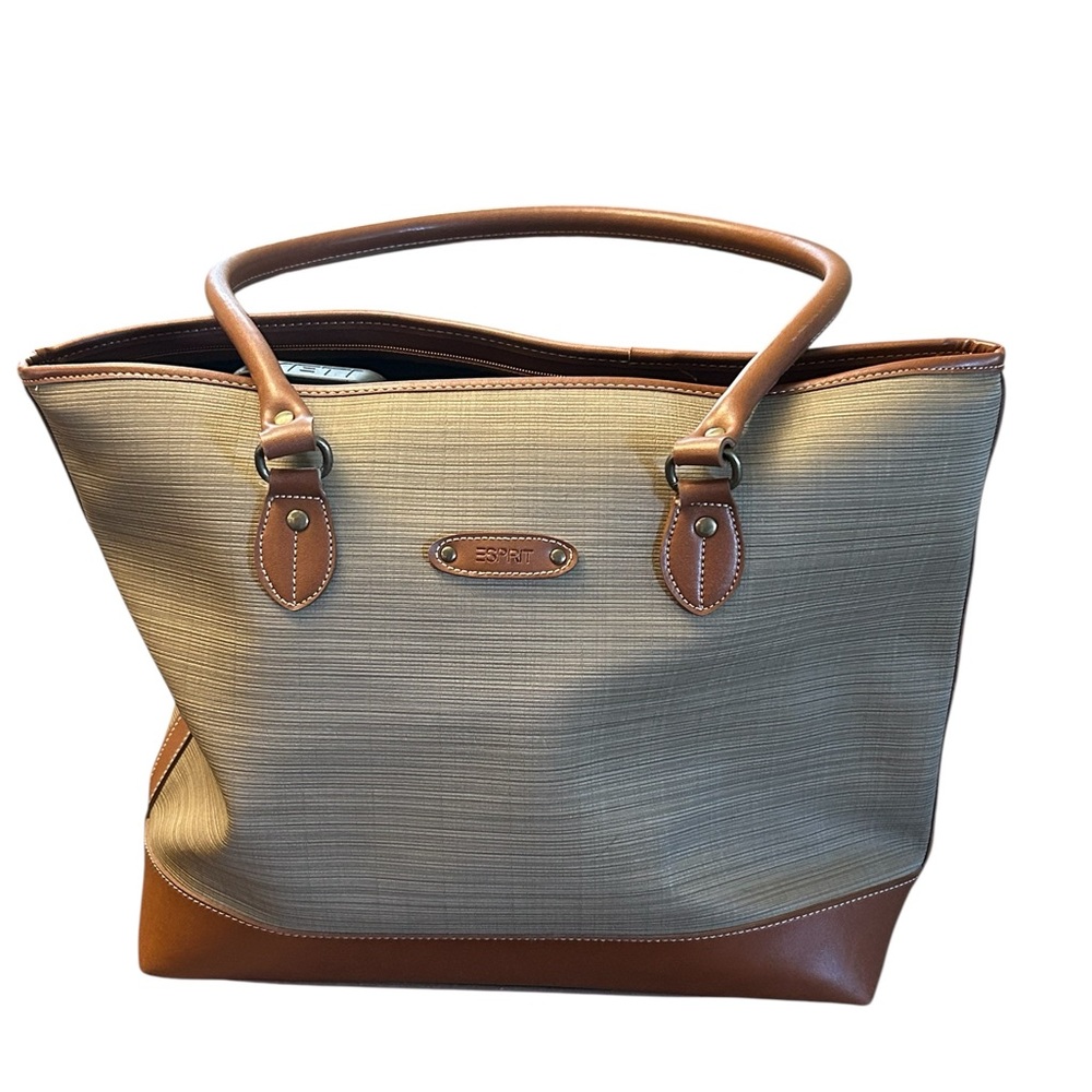 Esprit Woven Textile & Leather Tote Bag W Logo EUC Brown Tan Large EUC